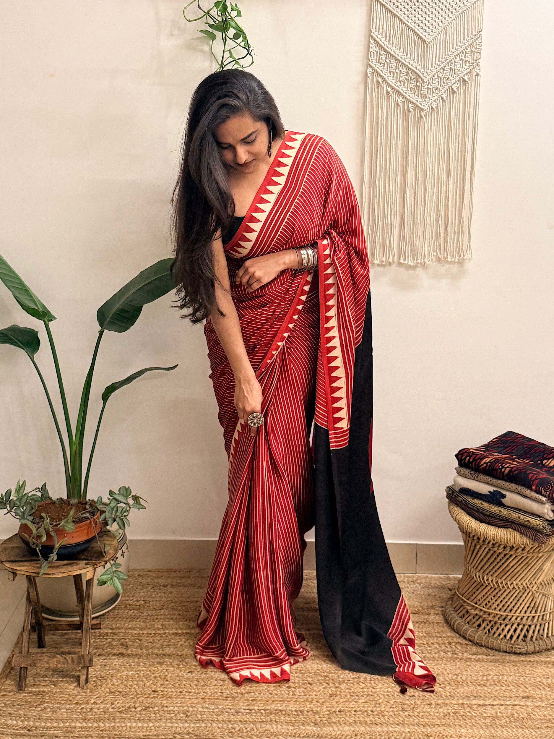 Aarzoo: Red and Cream Striped Ajrakh Handblock Printed Modal Saree