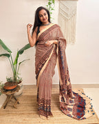 Sukoon: Cream Checkered Ajrakh Handblock Printed Mul Cotton Saree
