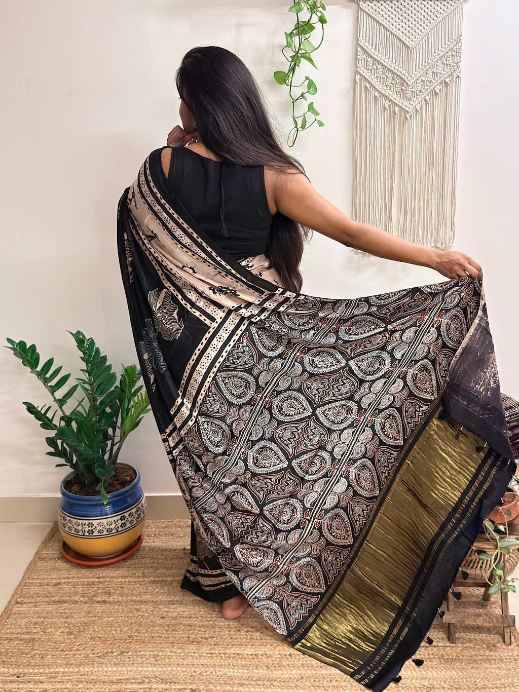 Meet me at Dusk: Charcoal Black Ajrakh Handblock Printed Modal Satin Saree with Tissue Pallu