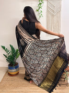Meet me at Dusk: Charcoal Black Ajrakh Handblock Printed Modal Satin Saree with Tissue Pallu