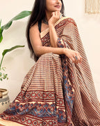 Sukoon: Cream Checkered Ajrakh Handblock Printed Mul Cotton Saree