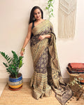 Jashn: Olive Grey Ajrakh Handblock Printed Dola Silk Saree