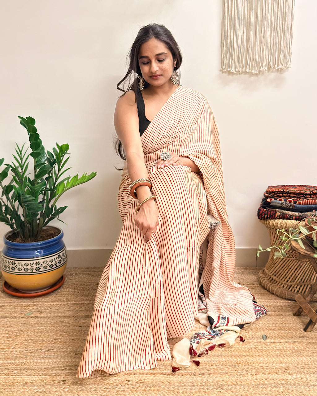 Afterhours: Cream and Red Striped Ajrakh Handblock Printed Modal Saree