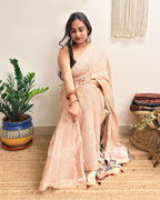 Afterhours: Cream and Red Striped Ajrakh Handblock Printed Modal Saree