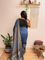 Aasman: Indigo and Black Ajrakh Handblock Printed Dola Silk Saree