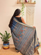 Aasman: Indigo and Black Ajrakh Handblock Printed Dola Silk Saree