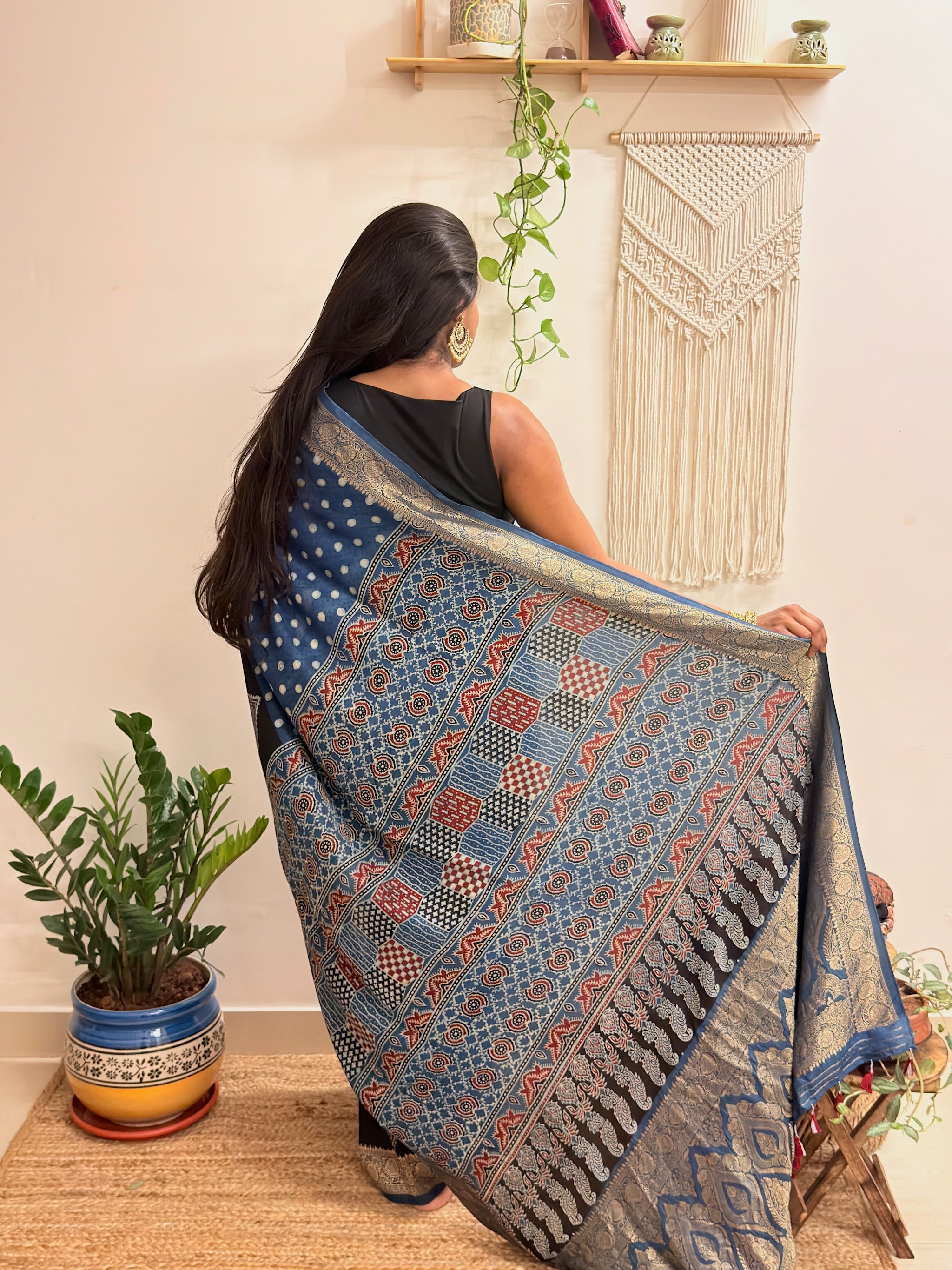 Aasman: Indigo and Black Ajrakh Handblock Printed Dola Silk Saree