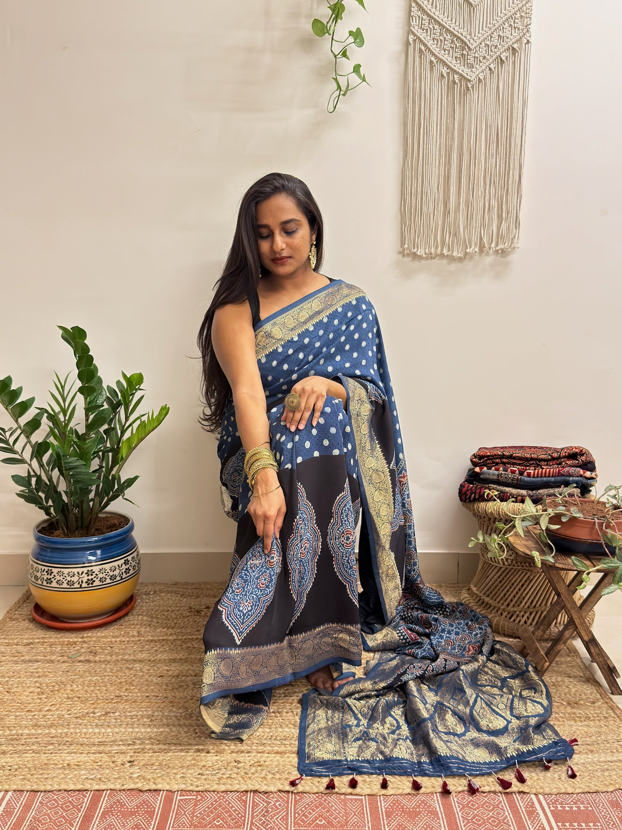 Aasman: Indigo and Black Ajrakh Handblock Printed Dola Silk Saree