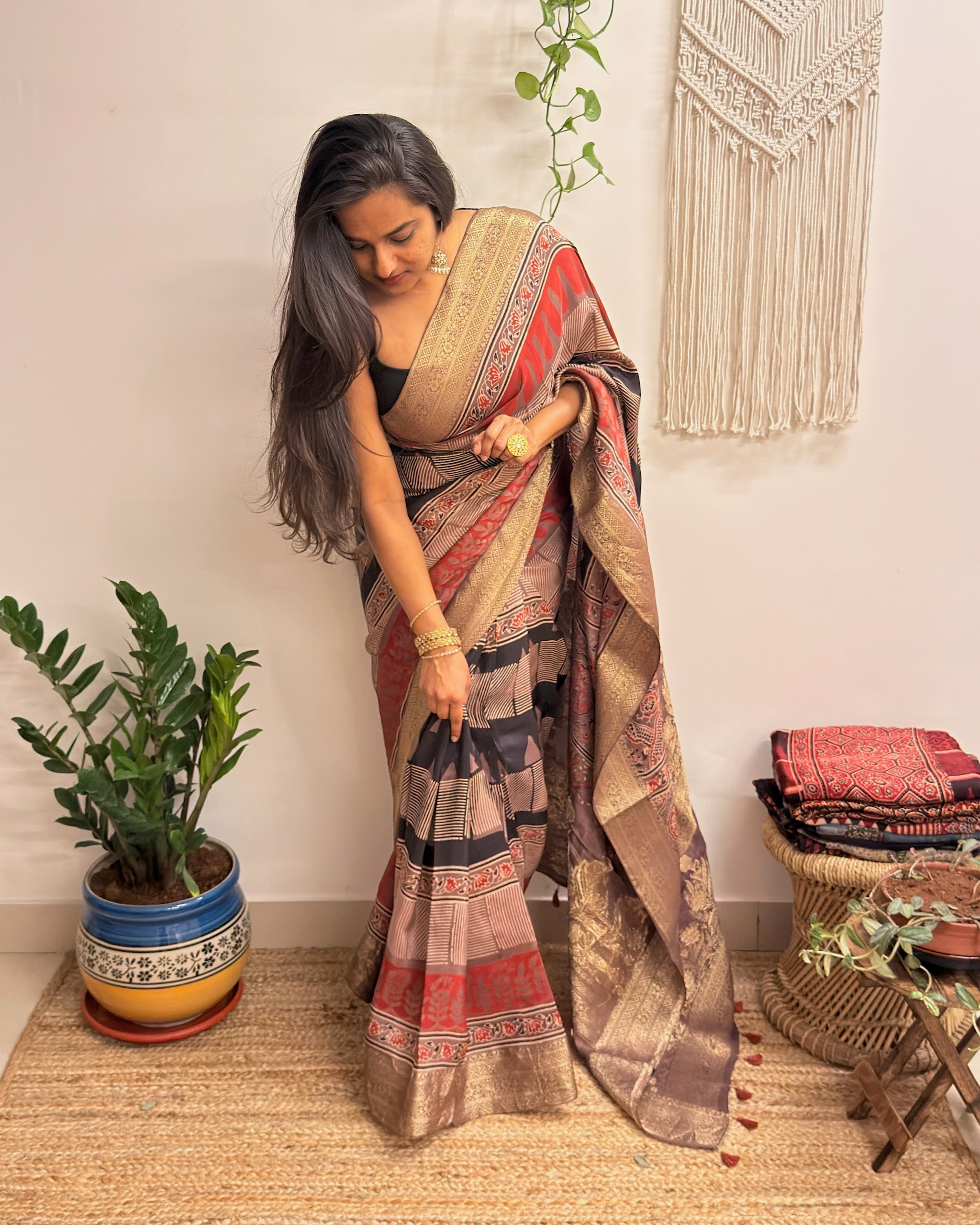 Ganache: Red and Brown Ajrakh Handblock Printed Dola Silk Saree