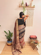 Ganache: Red and Brown Ajrakh Handblock Printed Dola Silk Saree