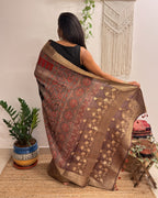 Ganache: Red and Brown Ajrakh Handblock Printed Dola Silk Saree