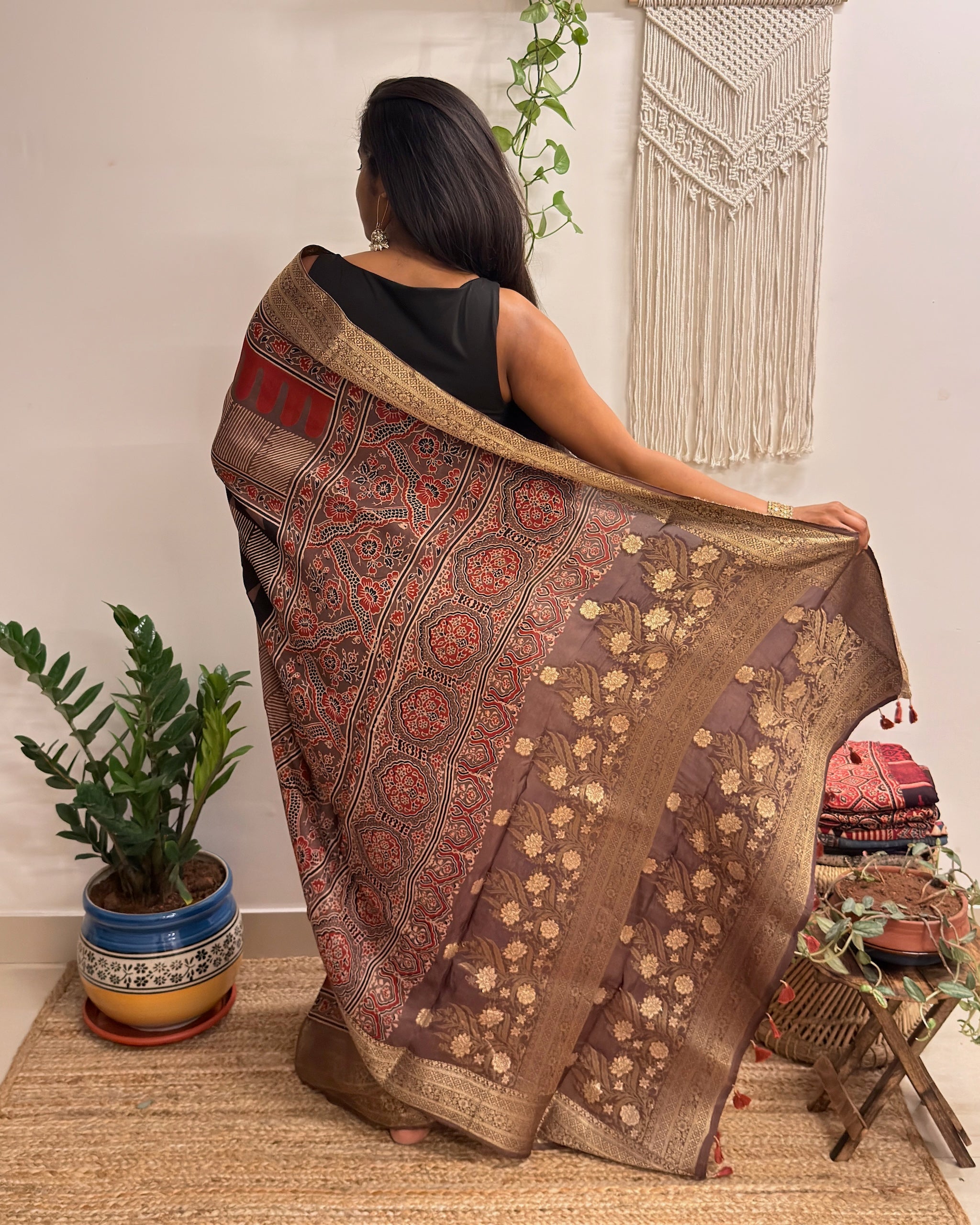 Ganache: Red and Brown Ajrakh Handblock Printed Dola Silk Saree