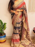 Ganache: Red and Brown Ajrakh Handblock Printed Dola Silk Saree