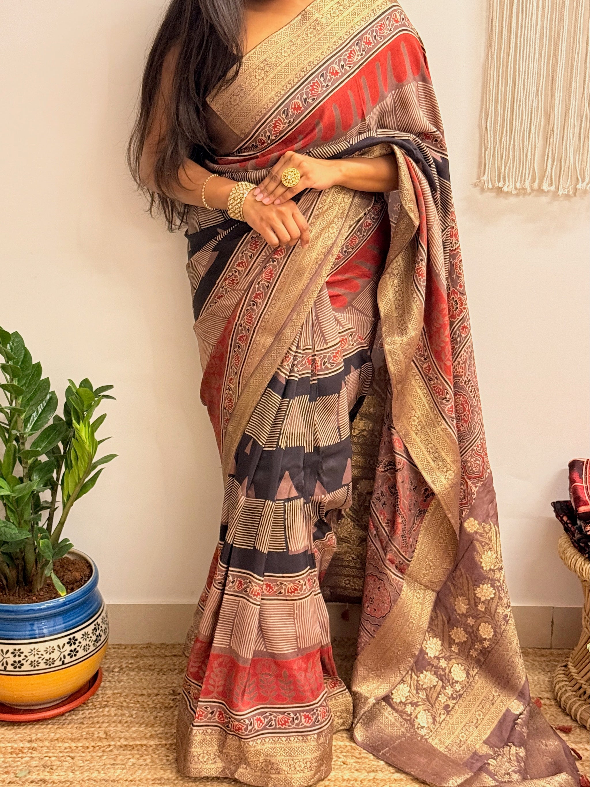 Ganache: Red and Brown Ajrakh Handblock Printed Dola Silk Saree