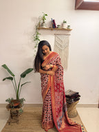 Dilruba: Cream and Red Ajrakh Handblock Printed Dola Silk Saree
