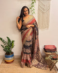 Ganache: Red and Brown Ajrakh Handblock Printed Dola Silk Saree