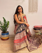 Ganache: Red and Brown Ajrakh Handblock Printed Dola Silk Saree