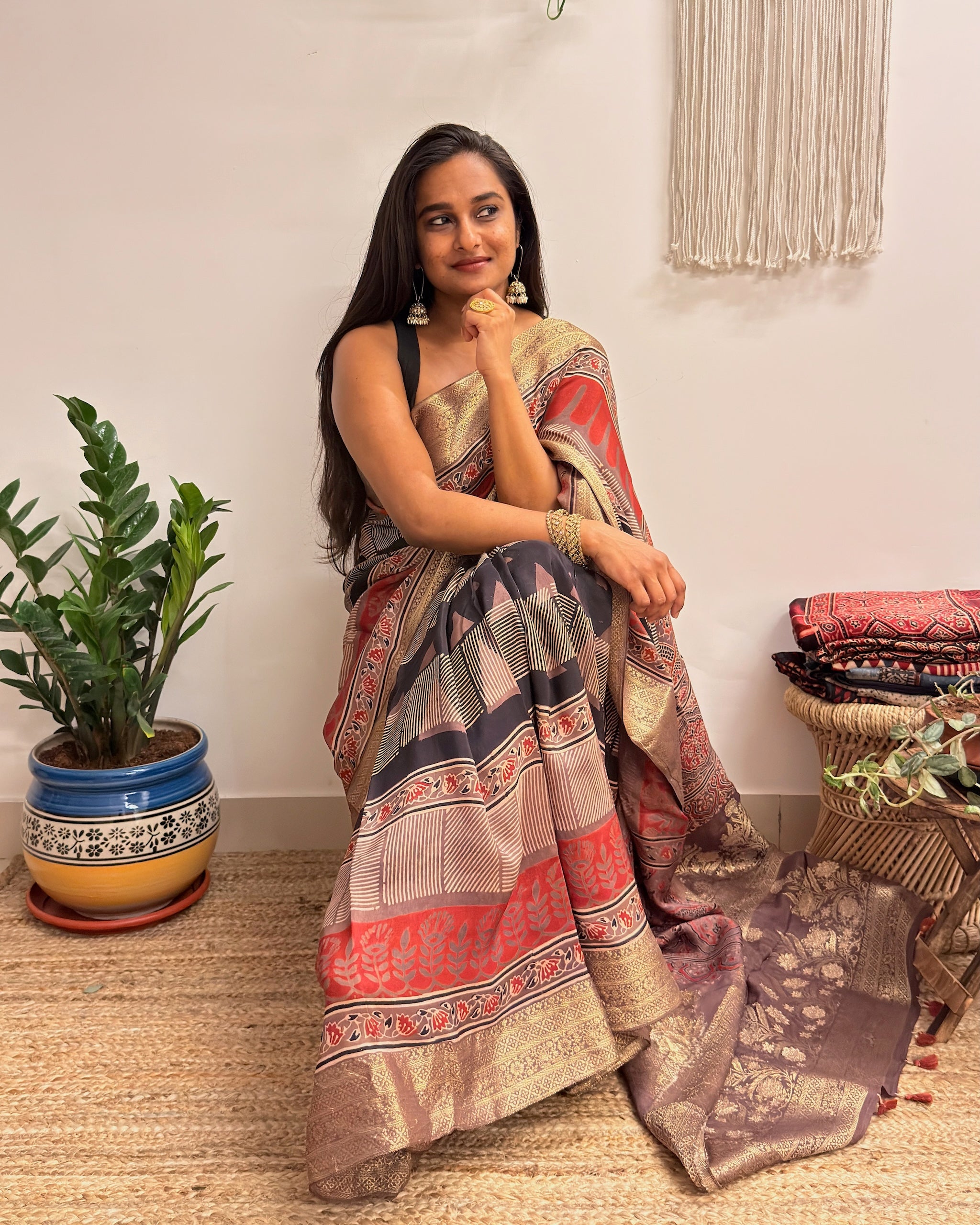 Ganache: Red and Brown Ajrakh Handblock Printed Dola Silk Saree