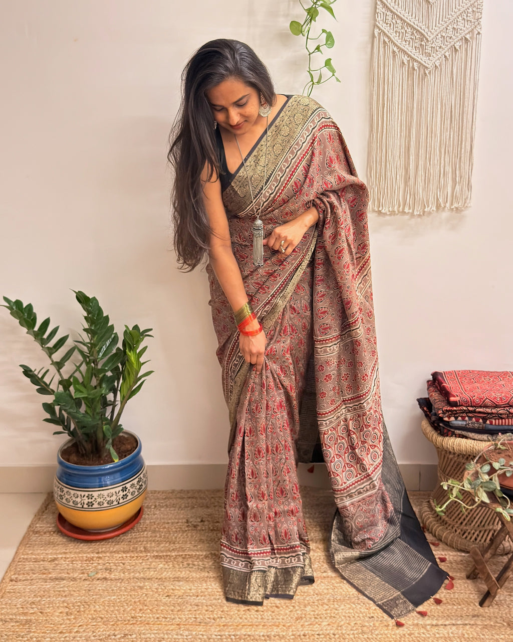 Memoir: Dusty Rose Ajrakh Handblock Printed Dola Silk Saree