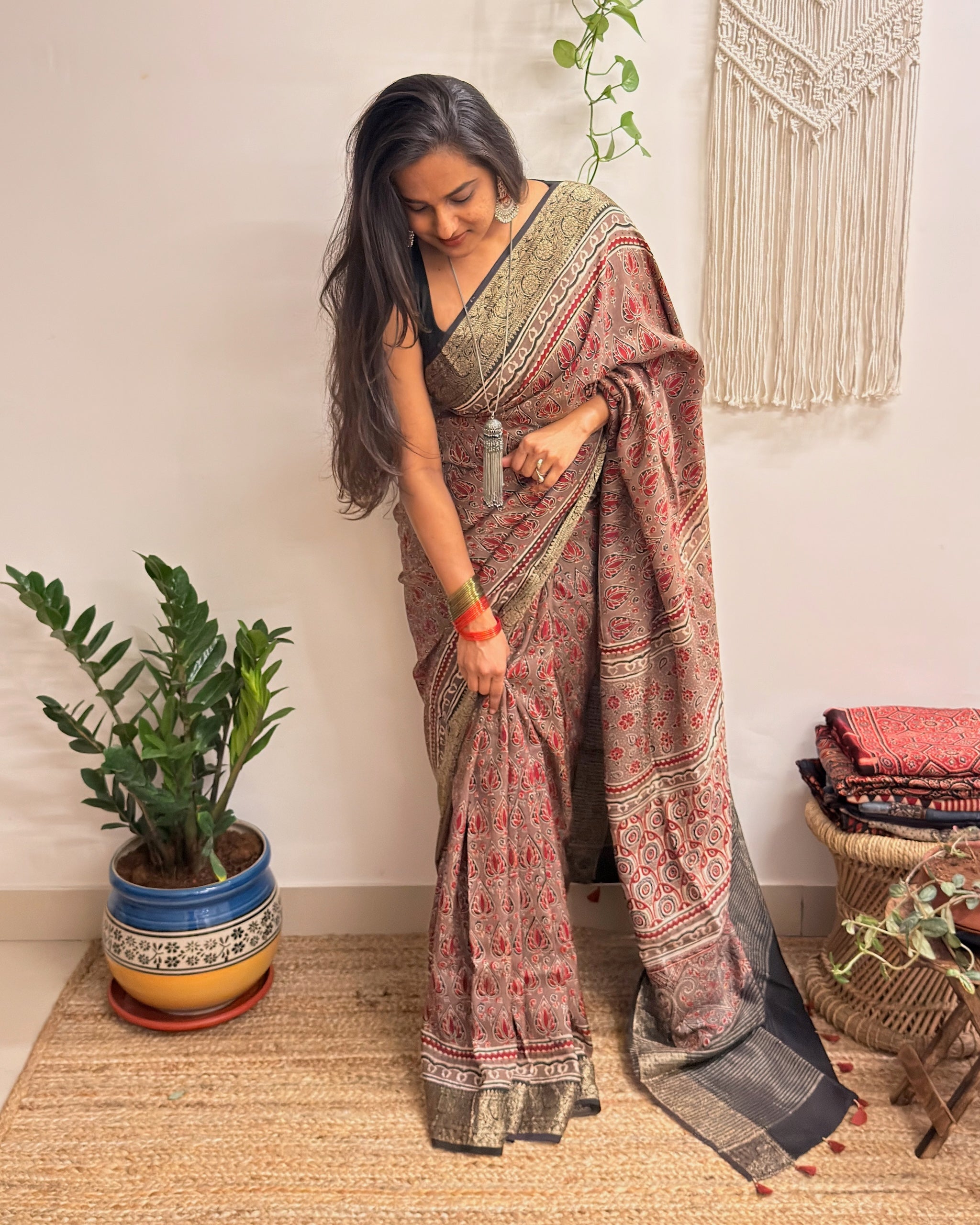 Memoir: Dusty Rose Ajrakh Handblock Printed Dola Silk Saree