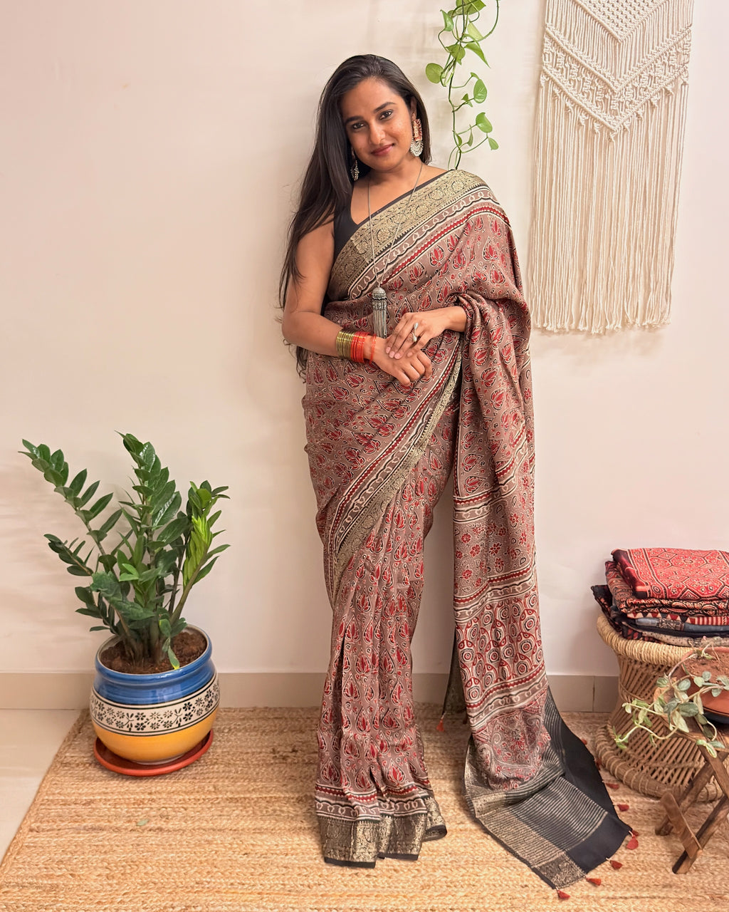Memoir: Dusty Rose Ajrakh Handblock Printed Dola Silk Saree