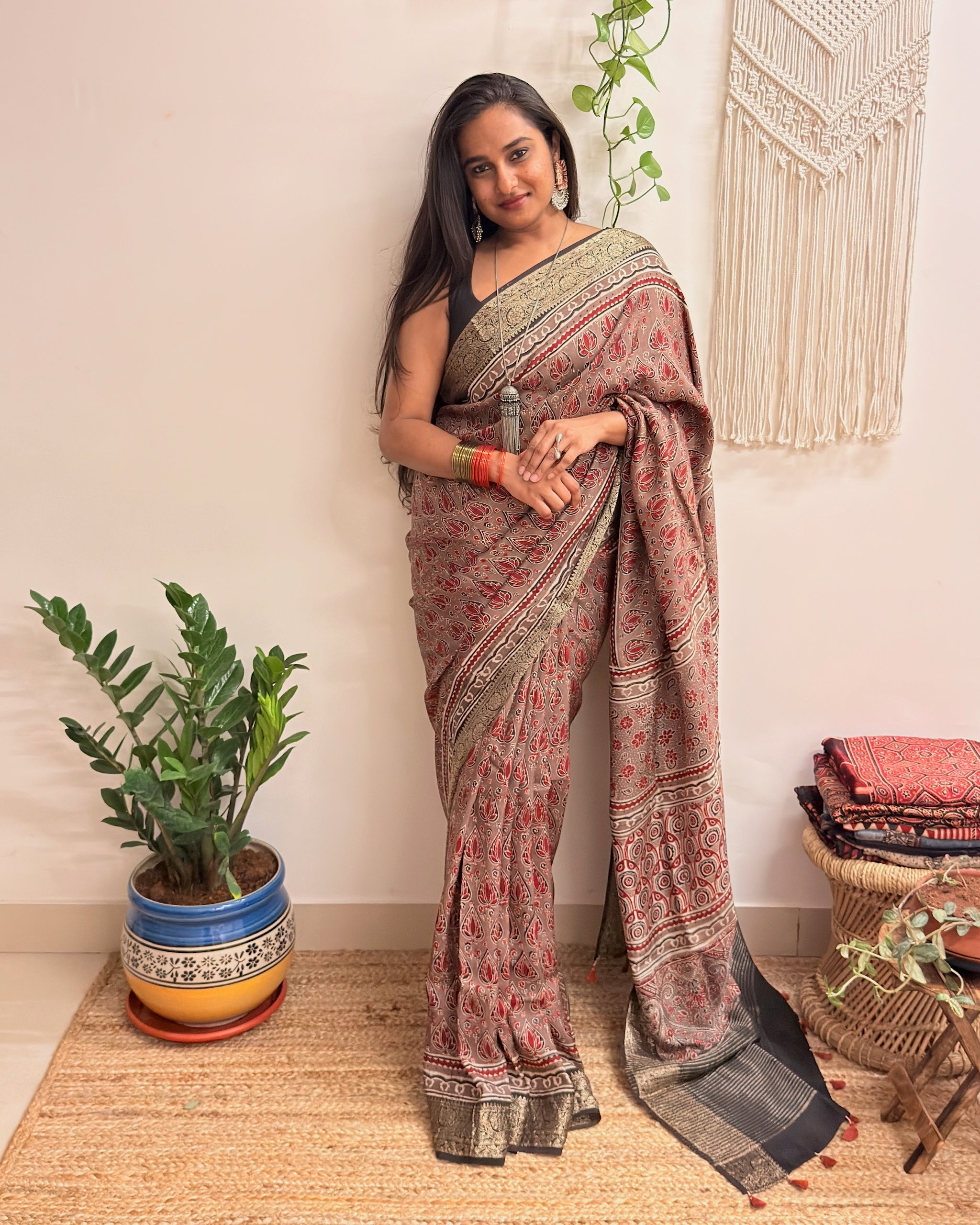 Memoir: Dusty Rose Ajrakh Handblock Printed Dola Silk Saree