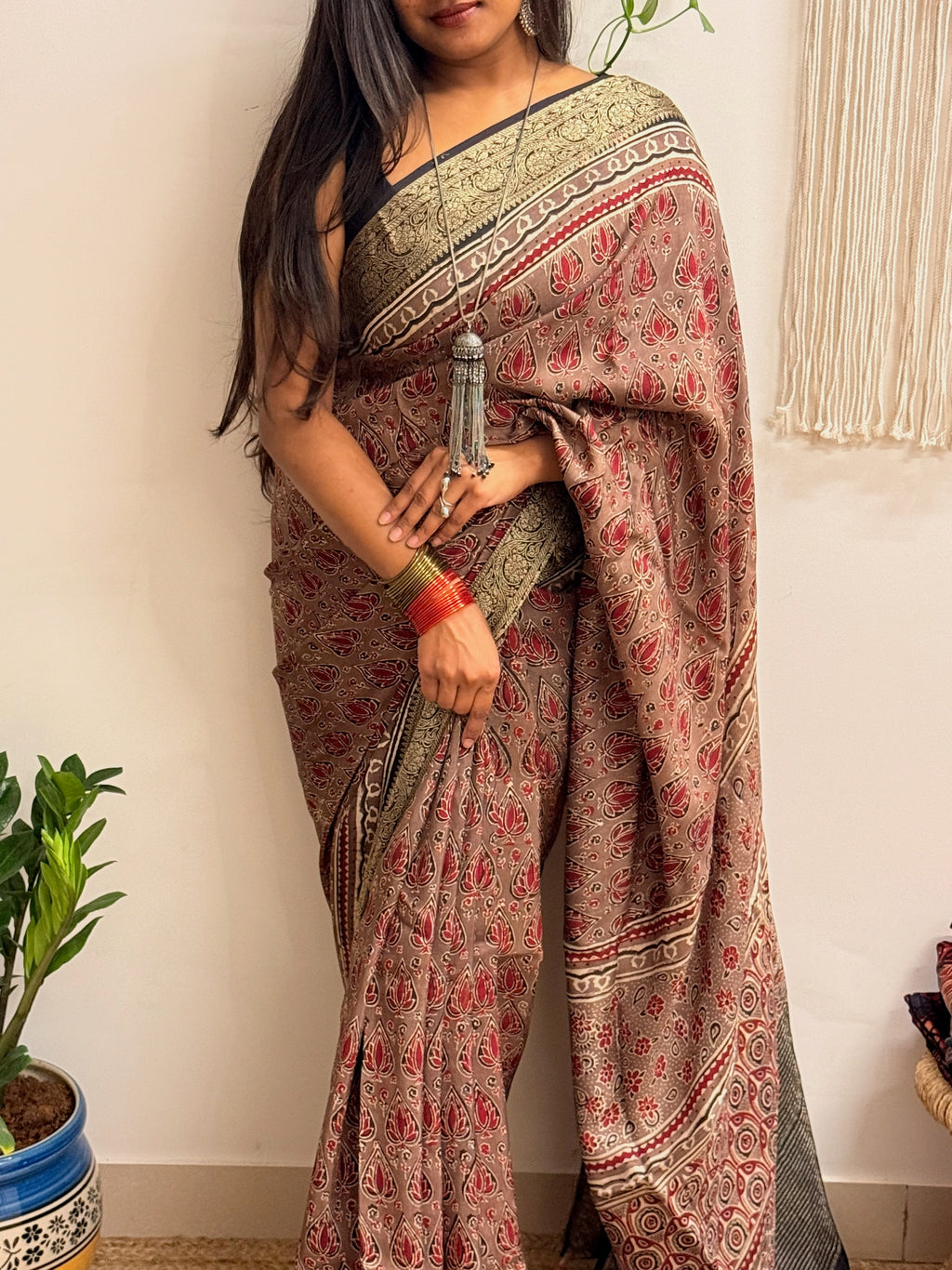Memoir: Dusty Rose Ajrakh Handblock Printed Dola Silk Saree