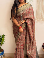 Memoir: Dusty Rose Ajrakh Handblock Printed Dola Silk Saree