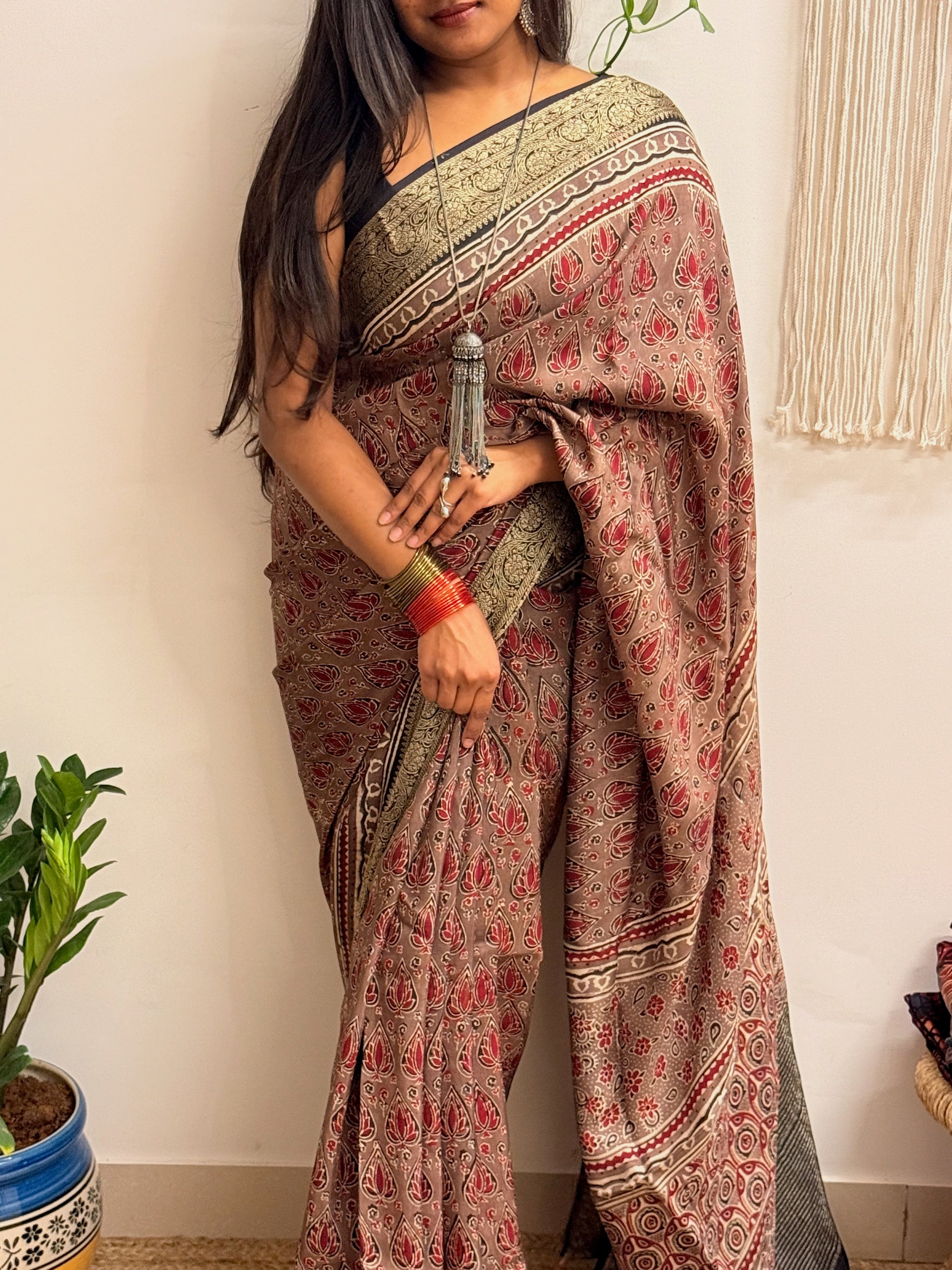Memoir: Dusty Rose Ajrakh Handblock Printed Dola Silk Saree
