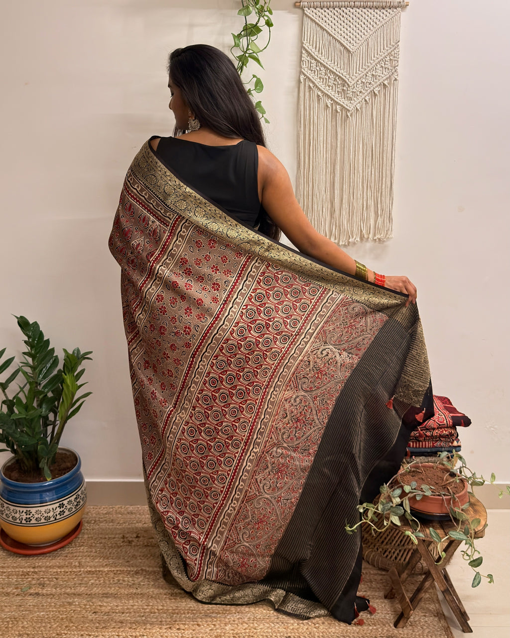 Memoir: Dusty Rose Ajrakh Handblock Printed Dola Silk Saree