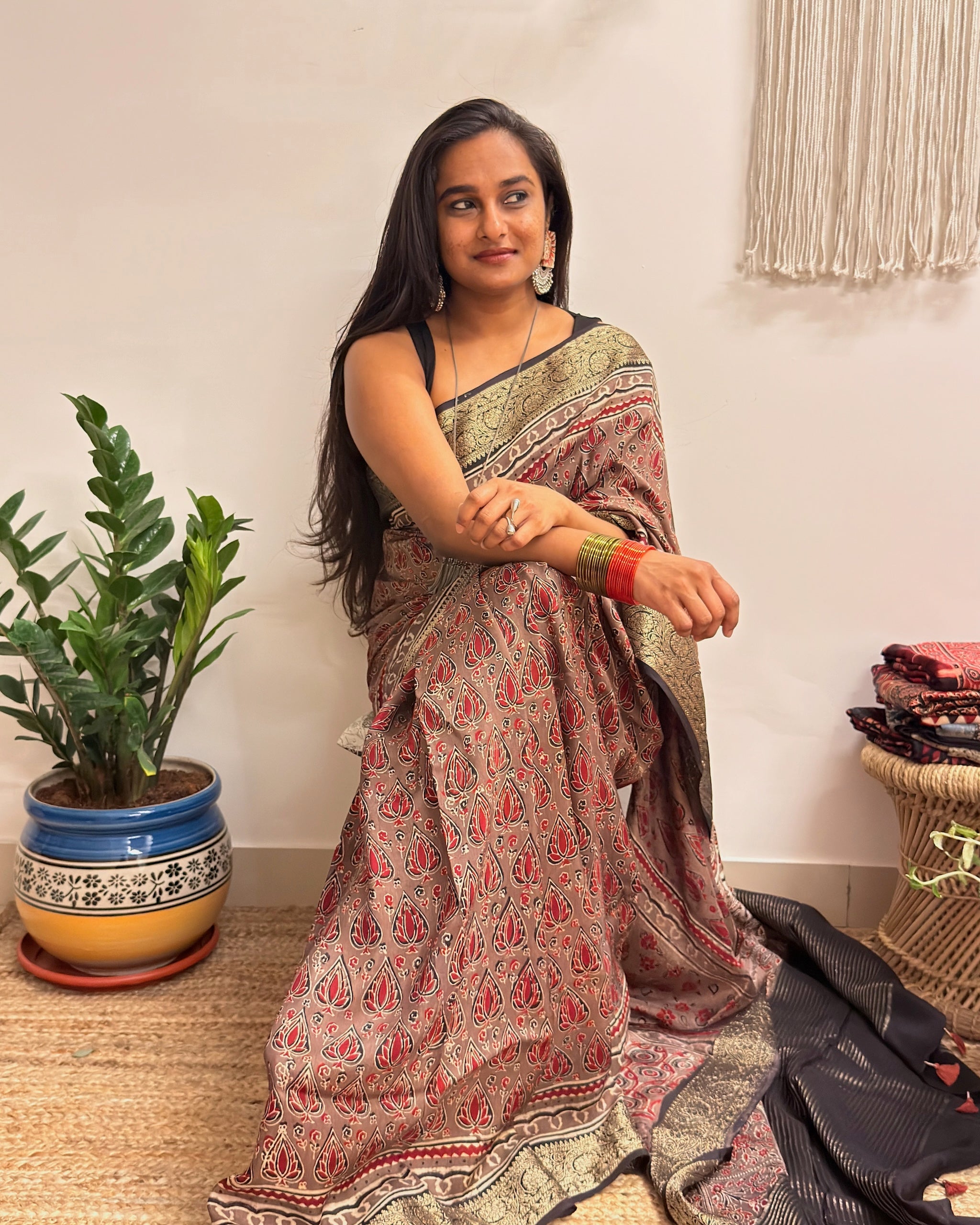 Memoir: Dusty Rose Ajrakh Handblock Printed Dola Silk Saree