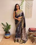 Dhuan: Charcoal Black Ajrakh Handblock Printed Dola Silk Saree