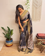Dhuan: Charcoal Black Ajrakh Handblock Printed Dola Silk Saree