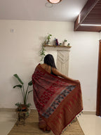 Dilruba: Cream and Red Ajrakh Handblock Printed Dola Silk Saree