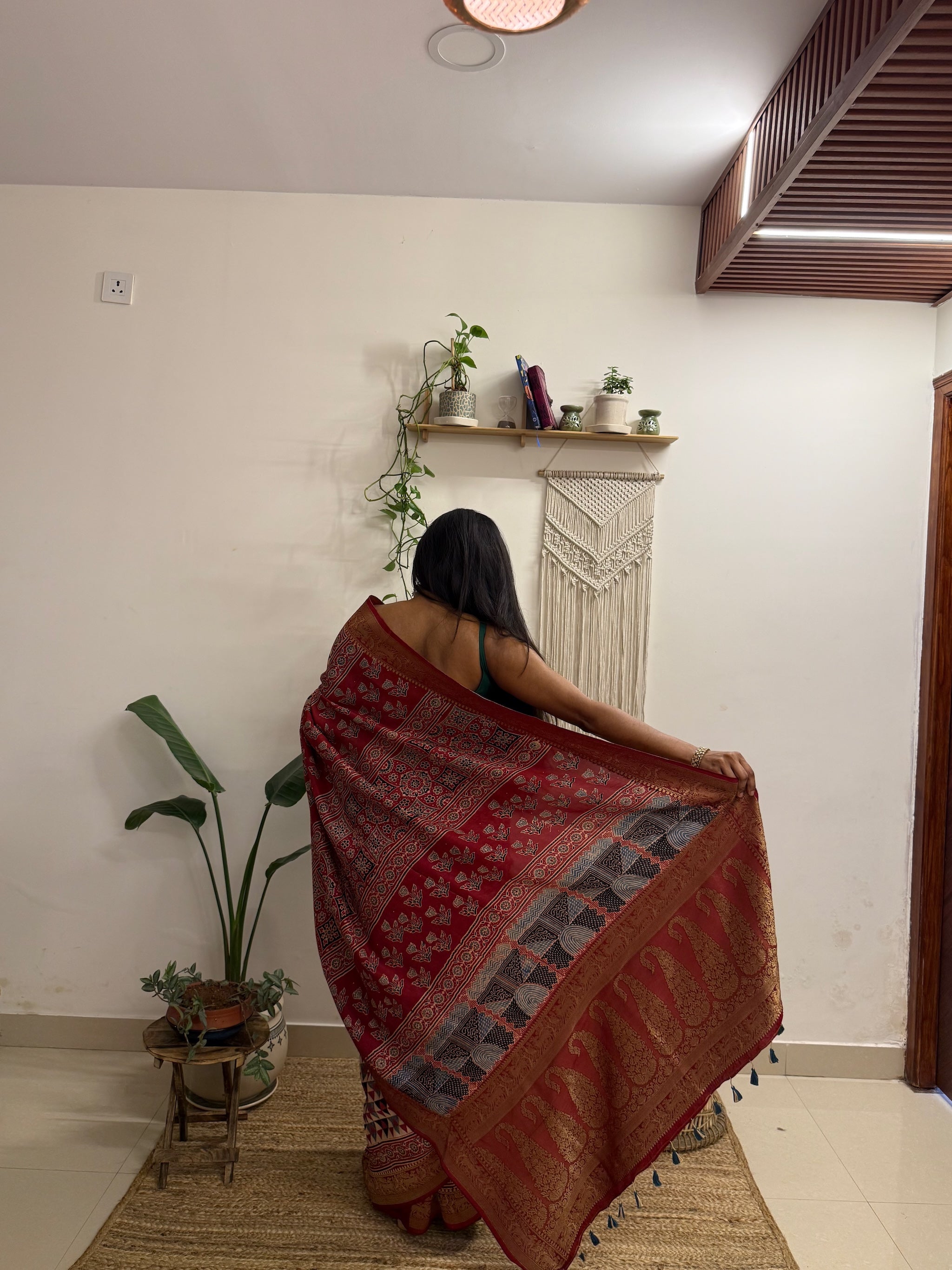 Dilruba: Cream and Red Ajrakh Handblock Printed Dola Silk Saree