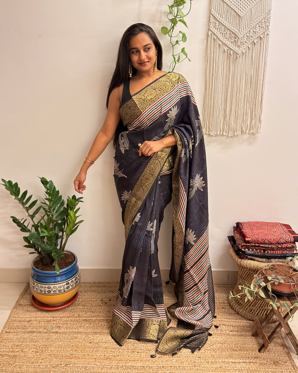 Dhuan: Charcoal Black Ajrakh Handblock Printed Dola Silk Saree