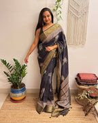 Dhuan: Charcoal Black Ajrakh Handblock Printed Dola Silk Saree