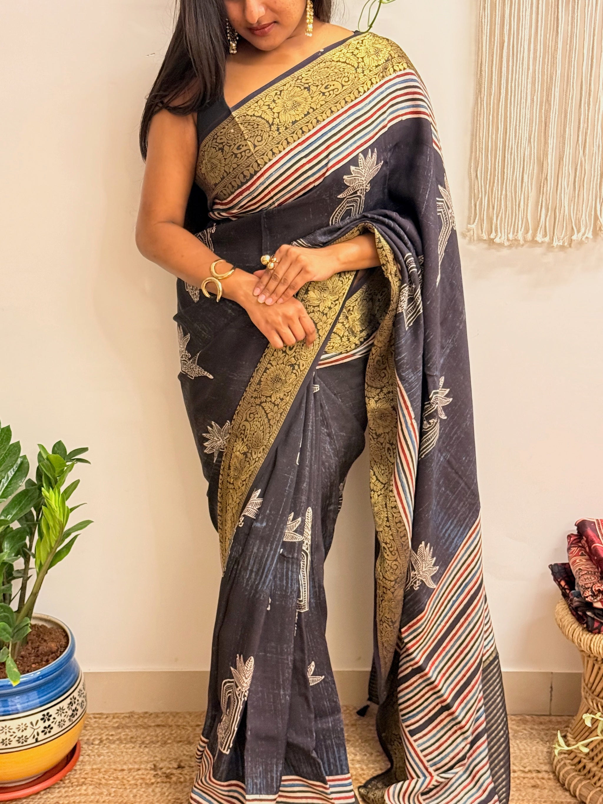 Dhuan: Charcoal Black Ajrakh Handblock Printed Dola Silk Saree