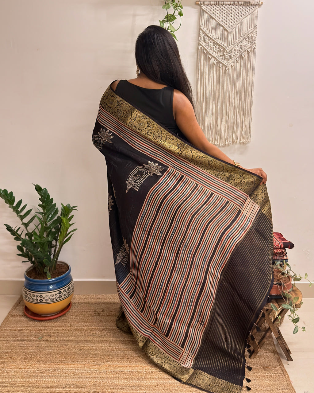 Dhuan: Charcoal Black Ajrakh Handblock Printed Dola Silk Saree