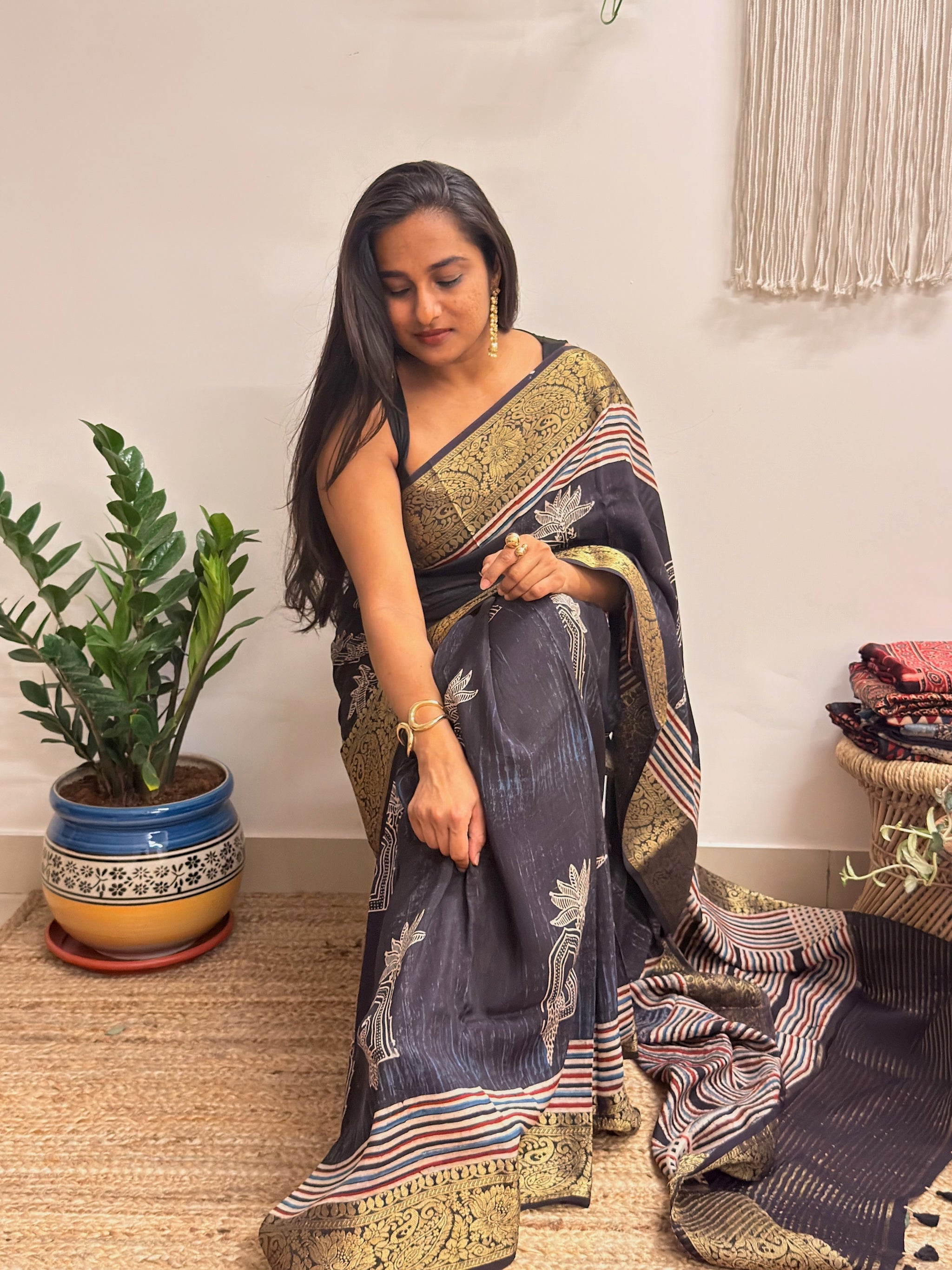 Dhuan: Charcoal Black Ajrakh Handblock Printed Dola Silk Saree