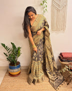 Jashn: Olive Grey Ajrakh Handblock Printed Dola Silk Saree