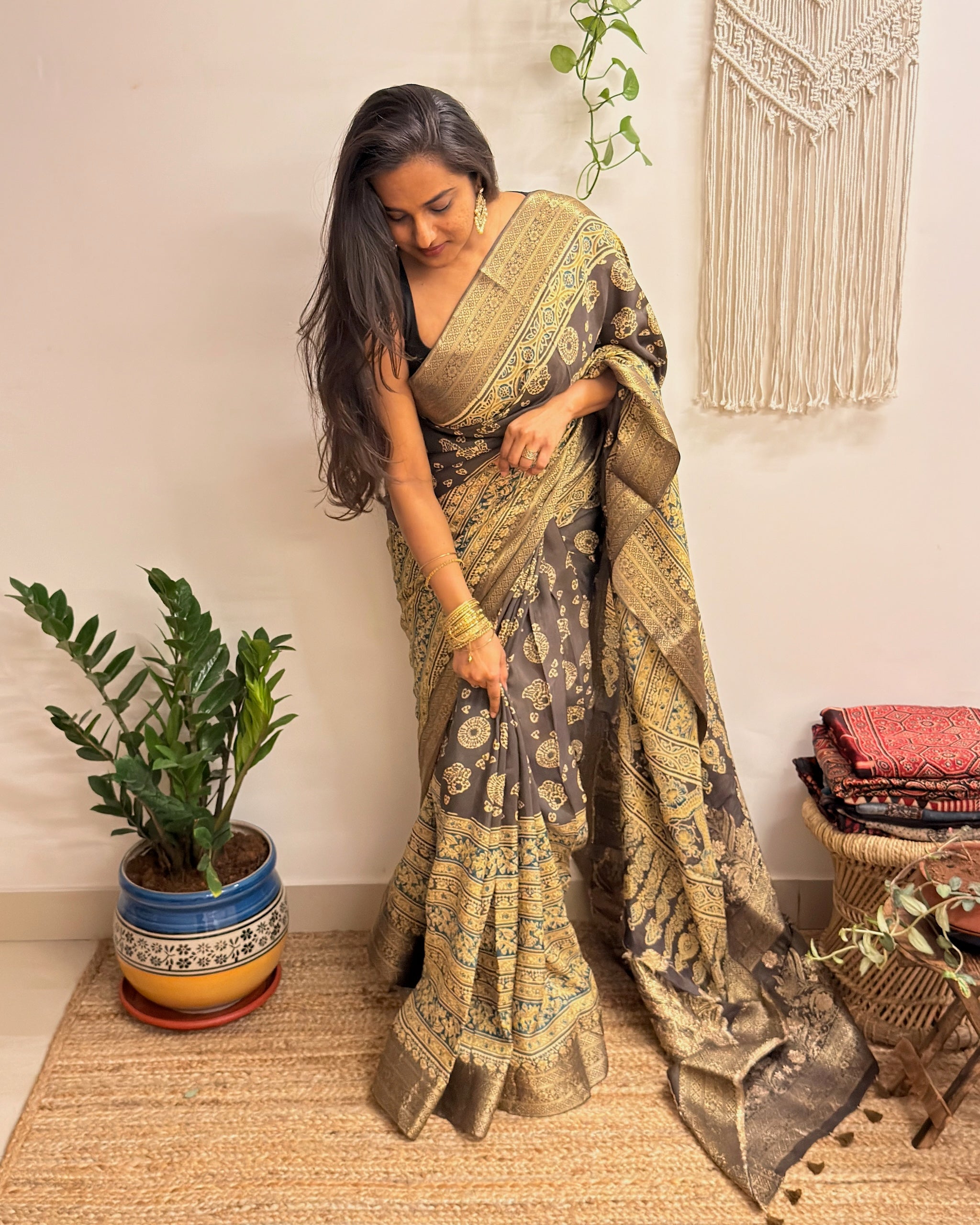 Jashn: Olive Grey Ajrakh Handblock Printed Dola Silk Saree