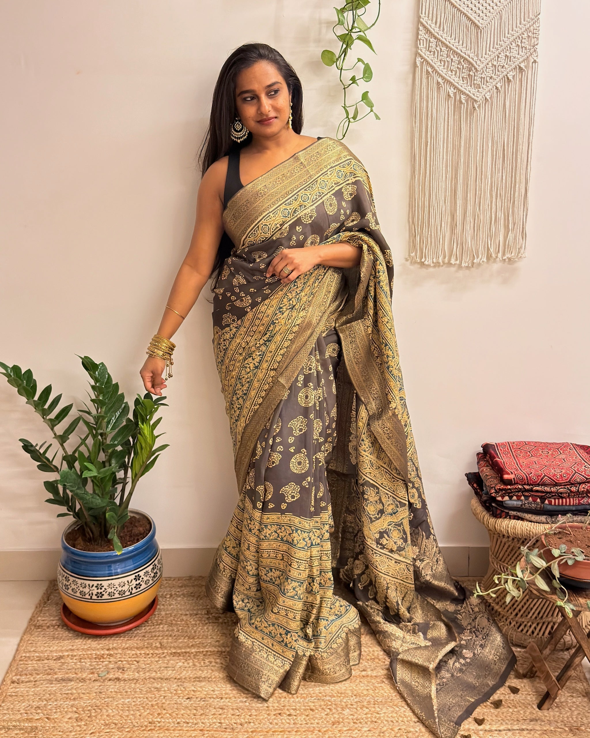 Jashn: Olive Grey Ajrakh Handblock Printed Dola Silk Saree