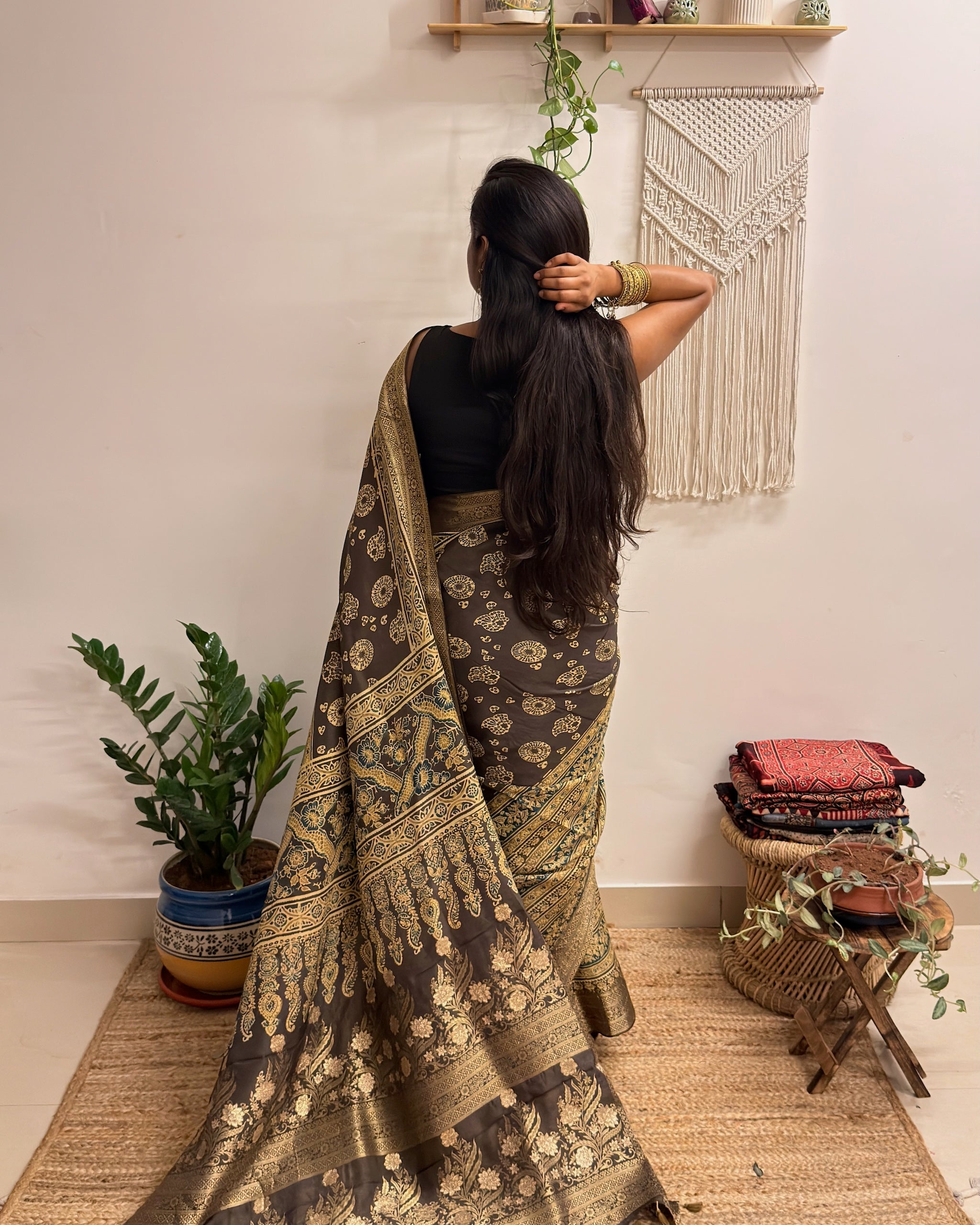 Jashn: Olive Grey Ajrakh Handblock Printed Dola Silk Saree