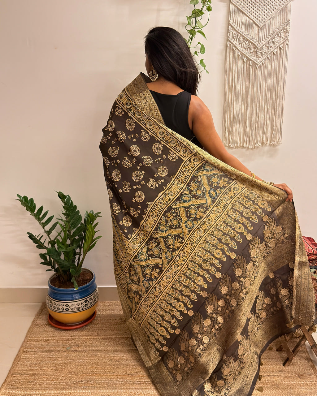 Jashn: Olive Grey Ajrakh Handblock Printed Dola Silk Saree
