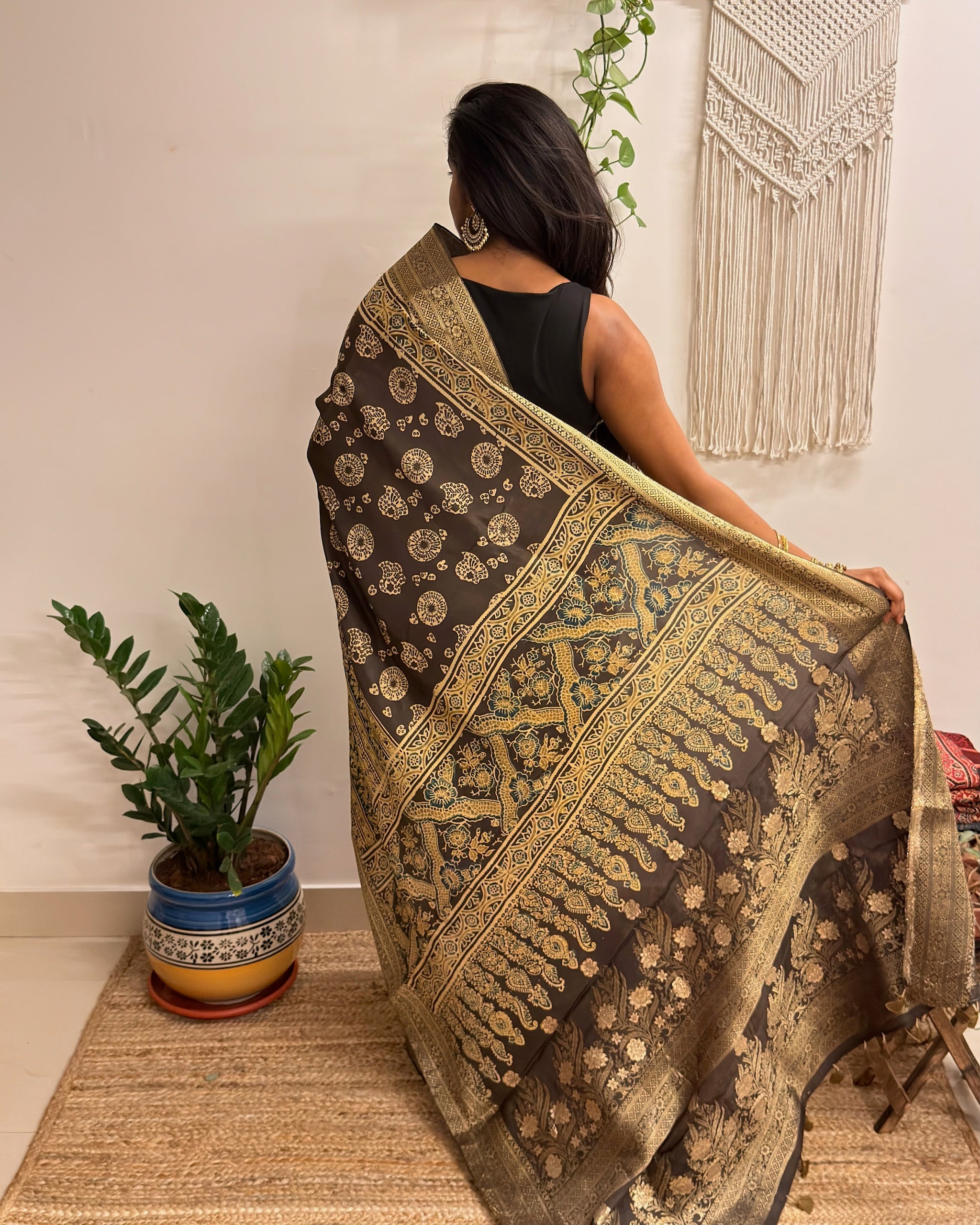 Jashn: Olive Grey Ajrakh Handblock Printed Dola Silk Saree