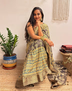 Jashn: Olive Grey Ajrakh Handblock Printed Dola Silk Saree