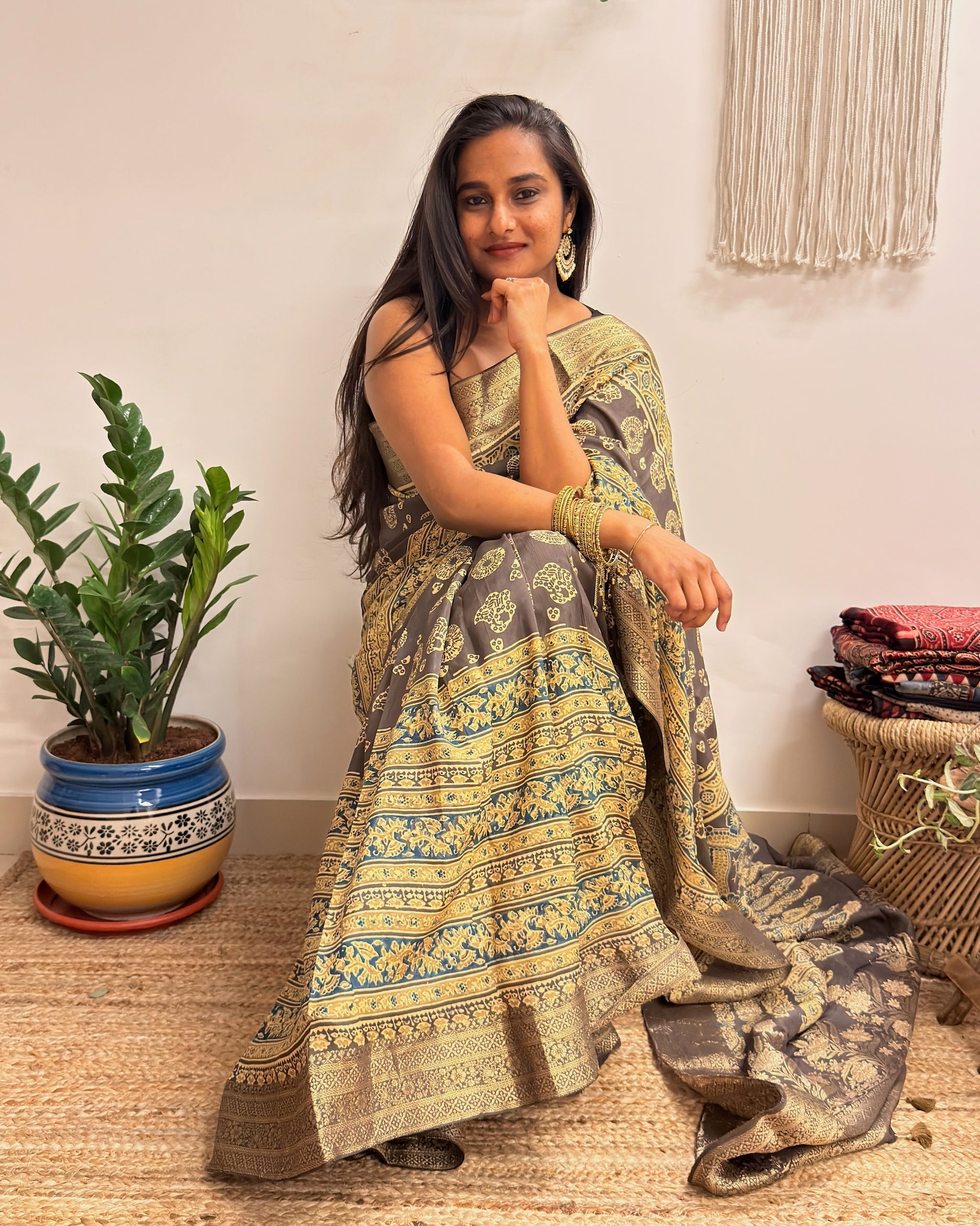 Jashn: Olive Grey Ajrakh Handblock Printed Dola Silk Saree