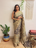 Jashn: Olive Grey Ajrakh Handblock Printed Dola Silk Saree