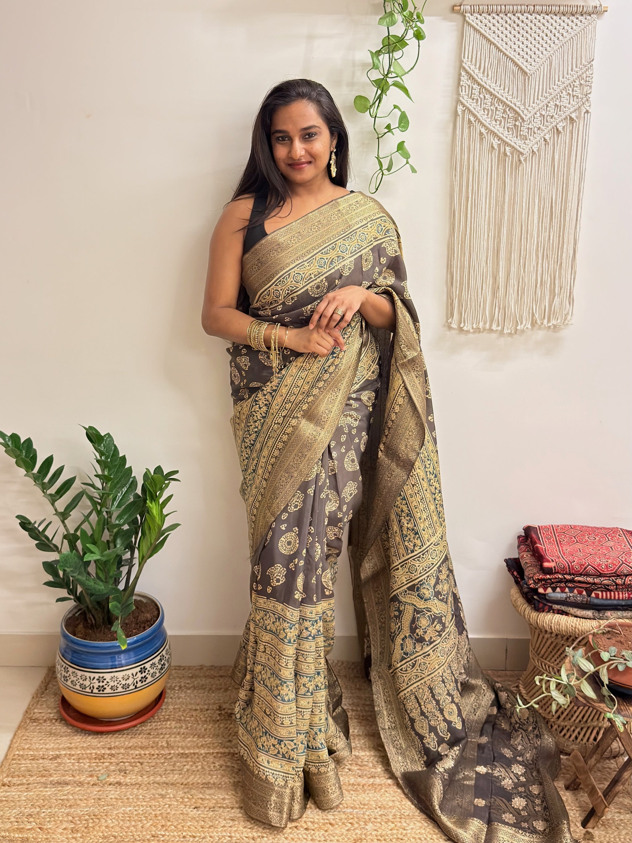 Jashn: Olive Grey Ajrakh Handblock Printed Dola Silk Saree